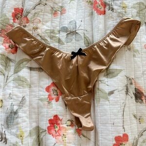 NEW Satin Gold Thong Ruffle Panties with Black Bow